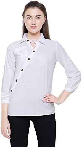 MIZAGO Women's Full Sleeve Choker-Neck Button Decoration Blouse
