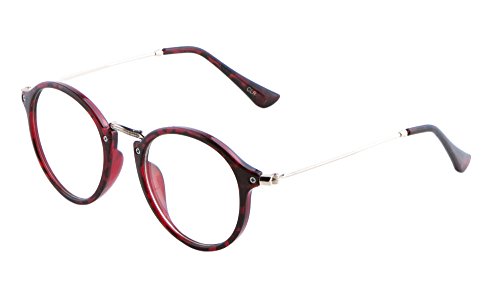V.W.E. Vintage Inspired Metal Bridge Clear Lens Glasses (Maroon Tortoise, Clear)