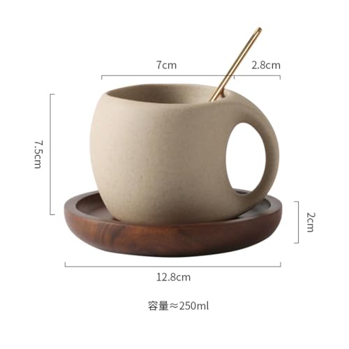 8oz Ceramic Coffee Mug with Acacia Wood Saucer, 240 ml Espresso Cups Set for Latte, Cappuccino, Tea, Unglazed Porcelain Arty Coffee Cup for Home or Office