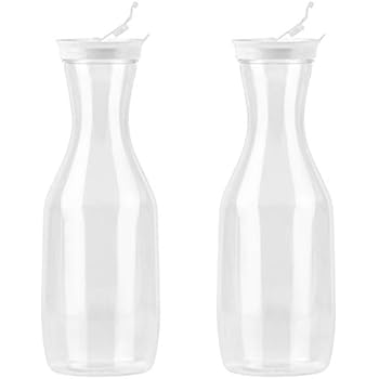 DecorRack 2 Large Water Carafes with Flip Top Lid, 50 Oz Each, BPA Free- Plastic Juice Pitcher, Decanter, Jug, Serve Iced Tea, Water, Perfect for Outdoors, Beach, Picnic, Parties, Clear (2 Pack)