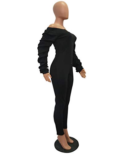 Ophestin Women Solid Long Sleeve Off Shoulder Zipper Front Sexy Jumpsuits Rompers Long Rompers Black XL