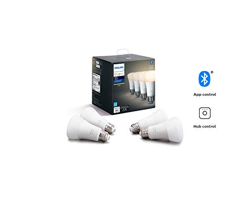 Philips Hue White 4-Pack A19 LED Smart Bulb, Bluetooth & Zigbee compatible (Hue Hub Optional), voice activated with Alexa (Renewed)