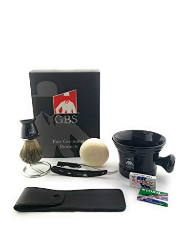 GBS Men’s Shaving Set with Custom Heavy Duty Chrome/Black Shavette Barber Replaceable blade Razor – Badger Brush, Stand, Mug, Soap, Leather Case + 10 Blades Ultimate Wet shaving Experience