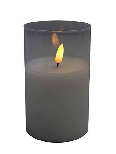 High-quality and elegant LED candle in glass, timer, realistic flickering, novel design (white, height: 12.5 cm, diameter 7.5 cm)