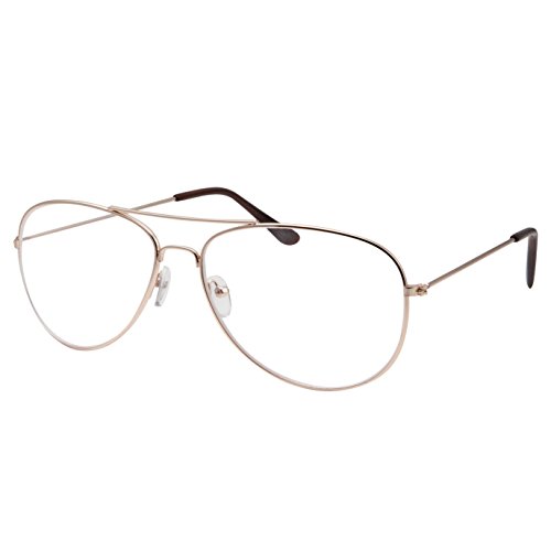 Kids Size Non-Prescription Gold Aviator Glasses Clear Lens Oversized (Age 6-12)