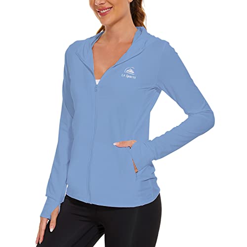 L LK SPORTS WOMEN’S LONG SLEEVE FISHING HOODIE SHIRTS LIGHTWEIGHT UPF 50+ SUN PROTECTION JACKET ATHLETIC HIKING ZIPPER POCKETS BLUE S