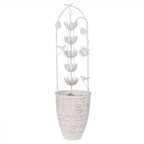 Alpine Corporation YHL866 30″ Tall Metal Rustic Water Fountain with Decorative Flower – Cascading Waterfall Feature for Gardens, Patios, Yards, and Outdoor Décor, White