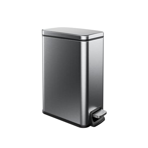 Veelesa Slim Bathroom Trash Can with Soft Close Lid, 1.6 Gallon Stainless Steel Garbage Can with Removable Inner Bucket, Durable Step Pedal, Small Trash Bins for Toilet, Bedroom (Silver, 2.6 Gallon)