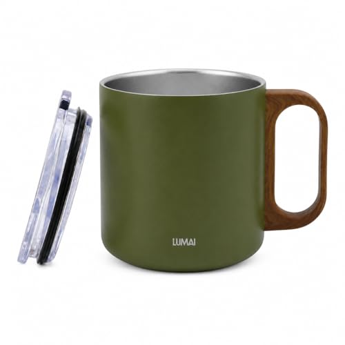 LUMAI Caneca Térmica 350ml Inox com Tampa Antivazamento Premium - Verde | Caneca de Café Caraíva, Aço Inox 304, Parede Dupla com Isolamento Térmico, Alça Estilo Madeira, Bebidas Quentes ou Frias