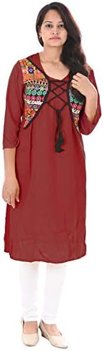 lakkar haveli Indian Solid Maroon Color Women Top Tunic Long Kurti Embroidered Jacket Fashion Plus Size