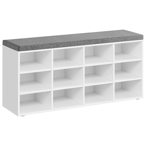 VASAGLE Custos Kollektion - Schuhbank, Schuhregal mit Sitzfläche, Sitzbank mit Stauraum, Kissen, 12 Fächer, verstellbare Ablagen, Wohnzimmer, 30,3 x 1