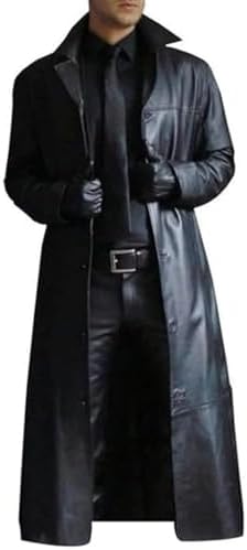 ZWRXW Mens Leather Trench Coat Full Length Vintage Classic Faux