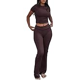 AYWA Women's 2 Piece Lounge Sets Short Sleeve Crop Top Foldover Flare Pants Casual Pajama Outfits