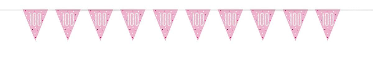 "100" Plastic Pennant Banner - 9' | Pink and Silver | 1 Pc.