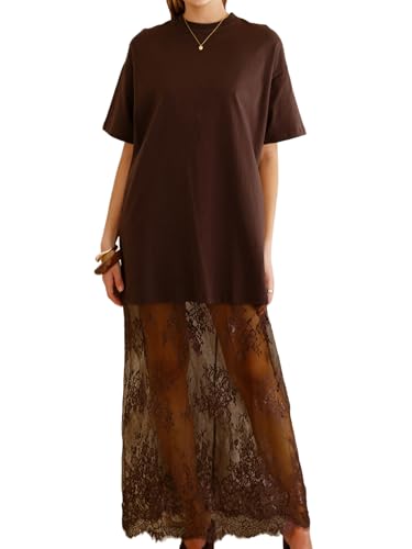 Pinclodly Lace Dress for Women Romper Short Sleeve Long Summer Dress at Amazon
