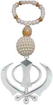 Galaxy Karmaa Silver Khanda For Car Rear Mirror With Pearl Chain
