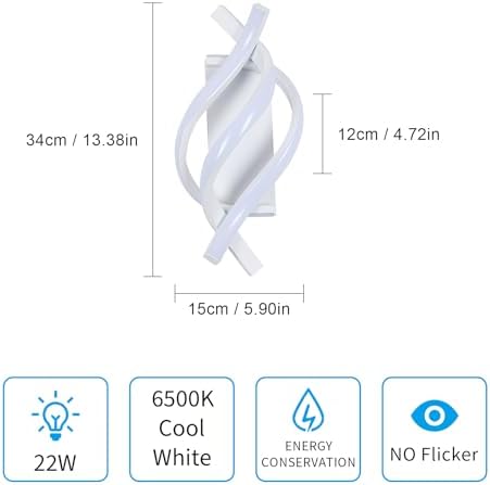 Candeeiro de parede LED, apliques interiores modernos 22W 2500LM com design curvo, iluminação mural 6500K para quarto, sala de jantar, sala de estar, branca