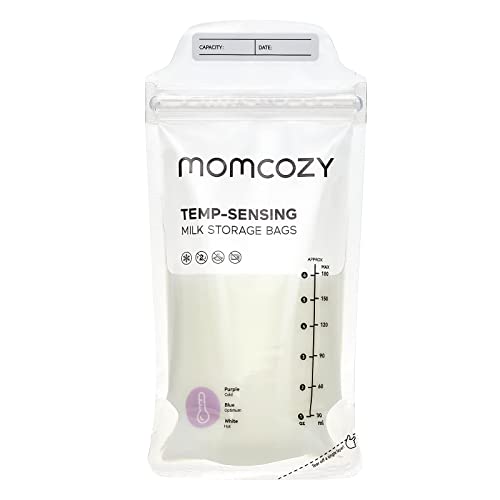 Momcozy Bolsas para Leche Materna, Bolsas con Indicador de Temperatura para Lactancia, Bolsa Desechable Autoportante 6 oz, Bolsas para Congelar con Cierre Seguro, 50 pzas