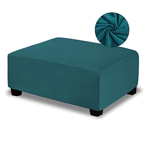 NeColorLife Velvet Ottoman Cover Rectangle Storage Ottoman Slipcover Thick Stretchable Footrest Stool Covers with Elastic Band for Oversized Ottoman(X-Large Size,Lake Blue)