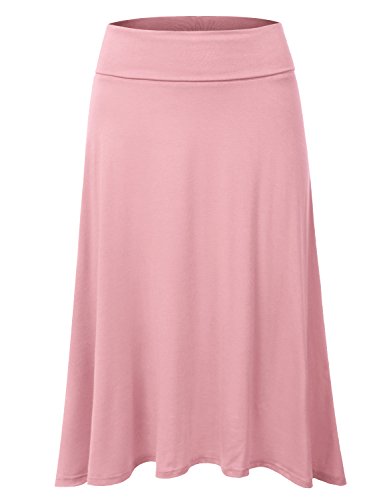 DRESSIS Women's Basic Elastic Waist Band Flared Midi Skirt DUSTYPINK M