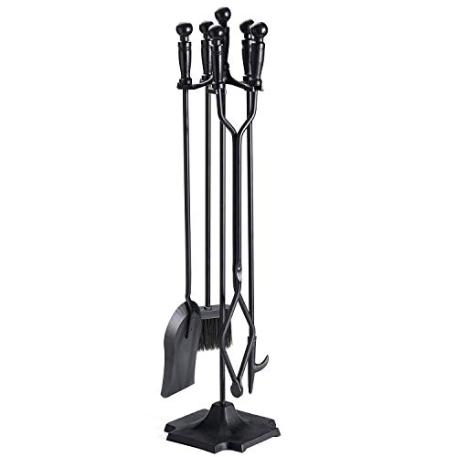 Syntrific 5 Pieces Fireplace Tool Set Black Cast Iron Fire Place Tool Set with Log Holder Fire Pit Stand Rustic Tongs Shovel Antique Broom Chimney Poker Wood Stove Hearth Accessories Set (Renewed)