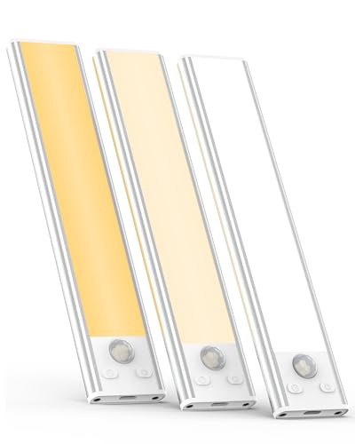 ASOKO Under Cabinet Lights Motion Sensor 3 Light Colors USB-C Rechargeable LED Closet Lights Wireless Magnetic Under Counter Light for Kitchen(3PACK)
