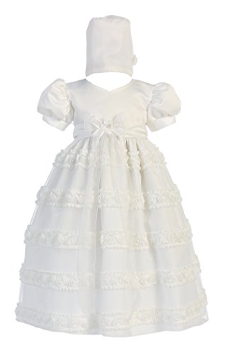 Baby Girl White Satin Chiffon Tulle Gown Christening Baptism Hat S (3-6 Month)
