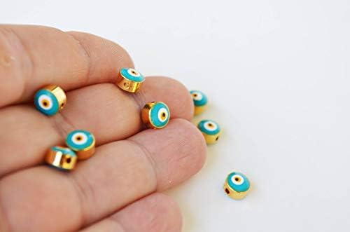 10 Pcs Colourful Disc Shape Evil Eye Beads, Turkish Evil Eye Bracelet DIY Supplies, Evil Eye Beads (Turquoise)