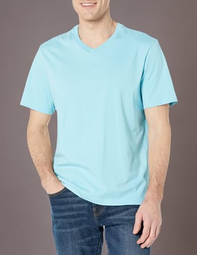 AMAZON ESSENTIALS 100% COTTON T SHIRTS FOR MEN, REGULAR-FIT SHORT-SLEEVE V-NECK, PACK OF 2, AVAILABLE IN BIG & TALL, LIGHT BLUE, 5X-LARGE BIG