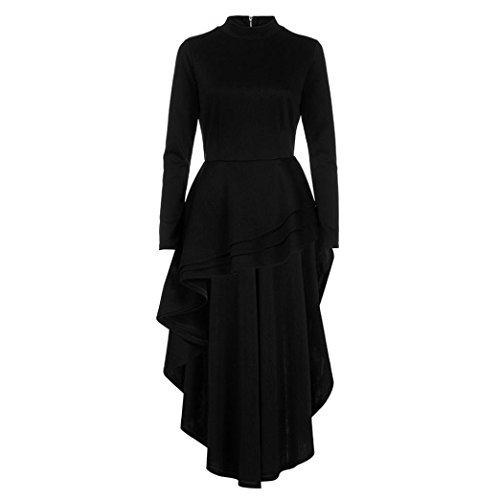 Long Sleeve Swing Dress,Women Solid Irregular Ruffle High Low Hem Maxi Dresses (L, Black)