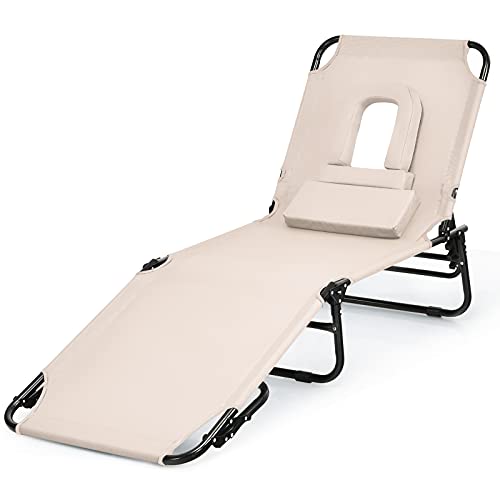 Goplus Folding Chaise Lounge Beach Chair, Face Down Tanning Chair with