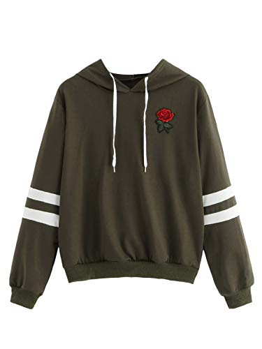 DIDK Women's Rose Patched Stripe Sleeve Drawstring Hoodie Sweatshirt Army Green S
