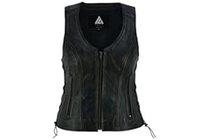 Women’s Genuine Cowhide Leather Motorcycle Vest Vintage Biker Waistcoat Adjustable Side Laces Soft Lining Durable Fit