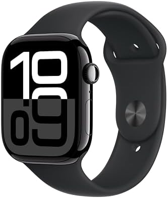 Apple Watch Series 10 [GPS 46mm case] Smartwatch with Jet Black Aluminum Case with Black Sport Band - M/L. Fitness Tracker, ECG App, Always-On Retina Display, Water Resistant