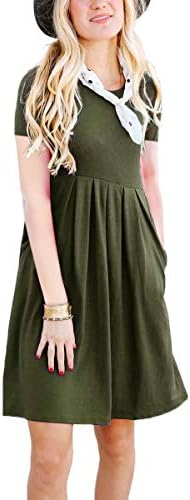 NENONA Women's Summer Plain T Shirt Pockets Dress Pleated Loose Swing Casual Dress Knee Length