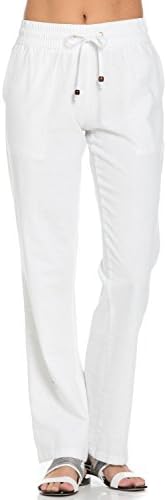 Poplooks Women's Comfy Drawstring Linen Pants Long with Band Waist