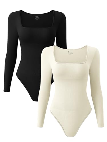 OVERFLAIR 2 PIECE LONG SLEEVE BODYSUIT SHAPEWEAR FOR WOMEN – RIBBED SQUARE NECK LIGHT TUMMY CONTROL BODY SHAPER TOP BODY SUITS – BLACK/BEIGE XL