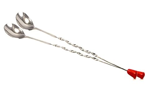 King International 100% Stainless Steel Bar Tool | Bar Accessories | 11 inches Curvy Design with red knob bar Cocktail Spoon | Bar Spoon | Long Spoon | Cocktail Mixer | Set of 2 Pieces