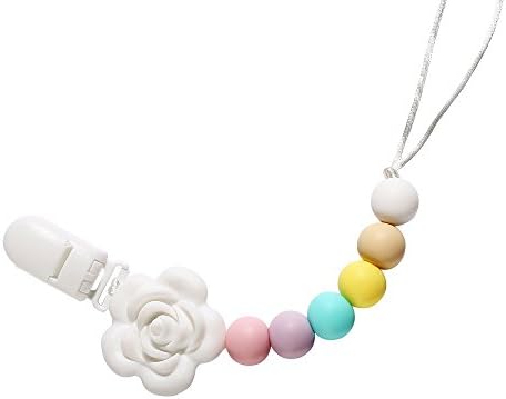 Teething Pacifier Clip by Smilehome, BPA Free Silicone Teether Soothie, Dummy Soother Chain Pacifier Holder w/ Chewable Beads for Newborn Baby Girls, Toddlers(White Flower)