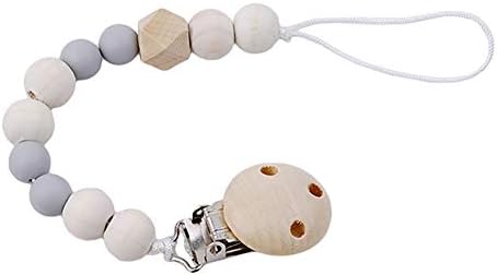Pacifier Clip Chain,Lovely Wooden Beads Chain Infant Baby Soother Toy Teether Pacifier Clip Holder Grey