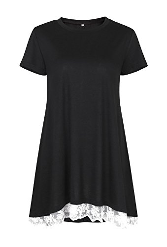 Women's Short Sleeve Casual Lace T Shirt Loose Fitted Flared Tunic Tops for Juniors (Black, S) - Thumbnail 2