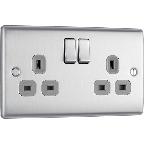 Masterplug NBS22G 13 A 2-Gang Metal Brushed Steel Double Pole Switched Socket - Grey Insert by Masterplug