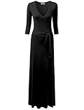 NINEXIS Women's V-Neck 3/4 Sleeve Waist Wrap Front Maxi Dress BLACK XL