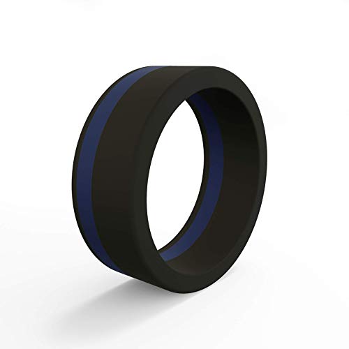 QALO Men's Silicone Pinstripe Ring, Thin Blue Line - Honoring Police and Law Enforcement, Size 11