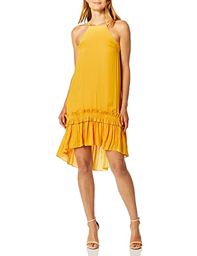 HALSTON Women's Sleeveless Dress with Pleated Ruffle Hi-Lo Hem