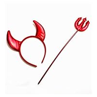 Mozlly Glossy Red Devil Headband Horn & Trident One Size Fits Most Headpiece Evil Halloween Costume Prop Easy to Wear & Remove Trick or Treat Party Outfit for All Ages Evil Cosplay Props (2pc Set)