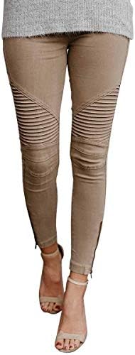 chimikeey Womens Moto Jeggings Ankle Zipper Skinny Pleated Stretch Mid Rise Pencil Pants with Pockets