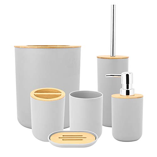6 Piece Bathroom Sink Accessory Set with Soap Dish, Lotion Bottle, Toothbrush Holder, Bin and Toilet Brush Accessories in Bamboo and Brushed Wood (Grey)