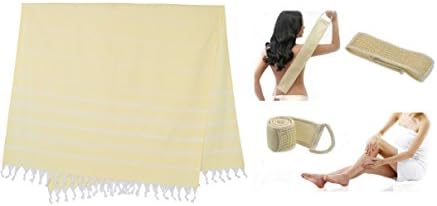ATS STORE Eco Friendly Premium 100% Cotton Turkish Towel Fouta Peshtemal with Bath-Shower Back Scrubber (YELLOW &amp; WHITE)