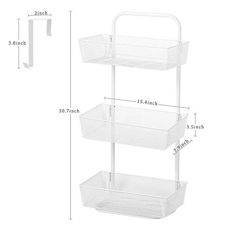 Over the Door Basket Organizer 3 Tier Hanging Storage Basket Organizer Rack with 2 Hooks and 3 Basket for Kitchen Bathroom Pantry, White